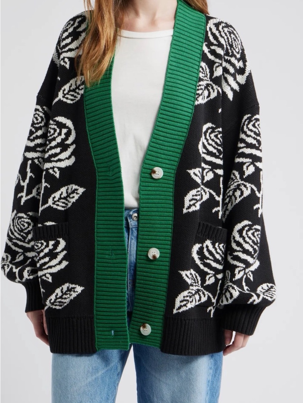 Dressed in LALA Black & White Rose Jacquard Cardigan with Green Shawl Collar